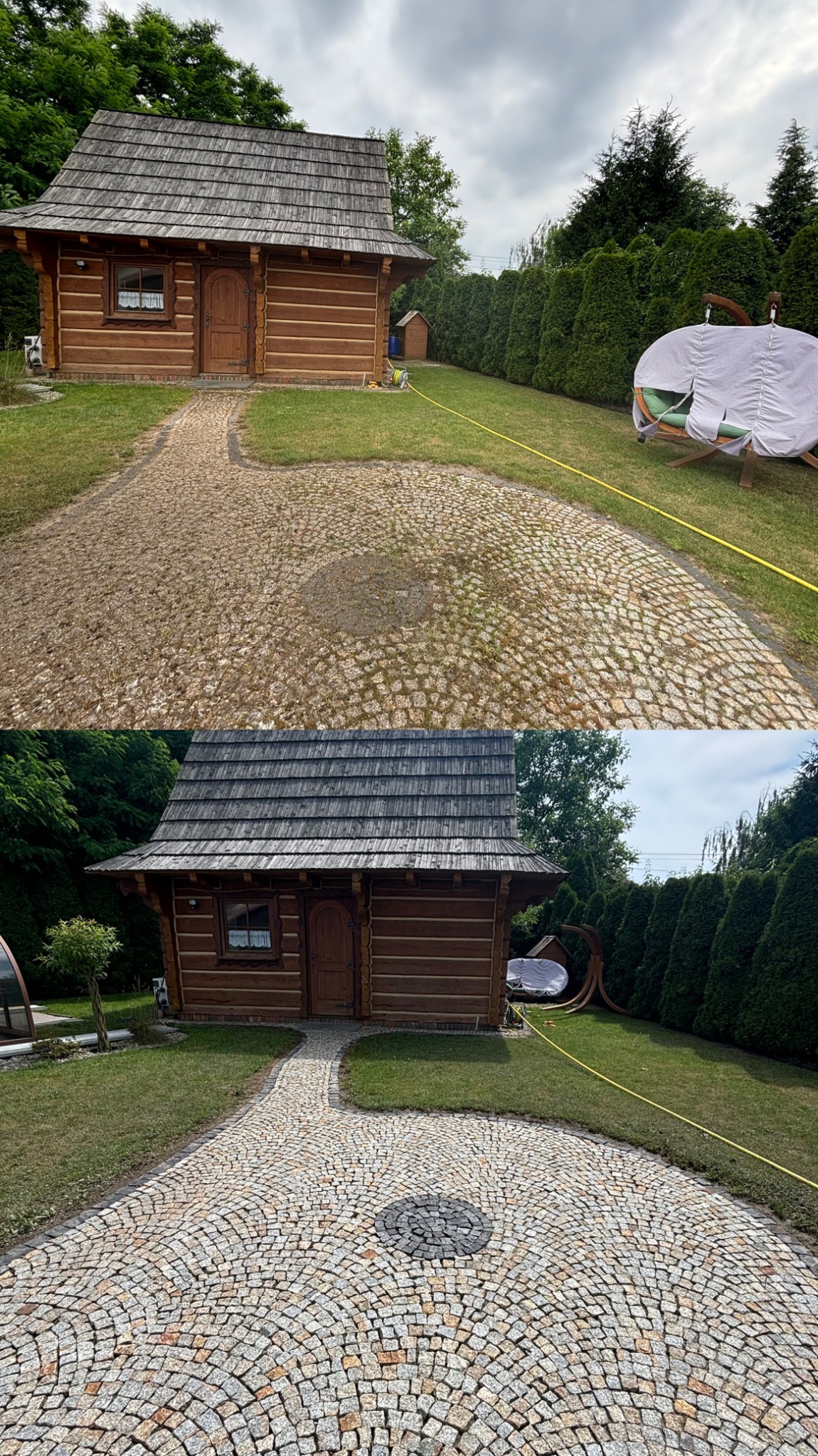 Porównanie kostki brukowej przed i po czyszczeniu, z widoczną różnicą w kolorze i usuniętych zabrudzeniach, na tle drewnianego domku i zielonego trawnika.