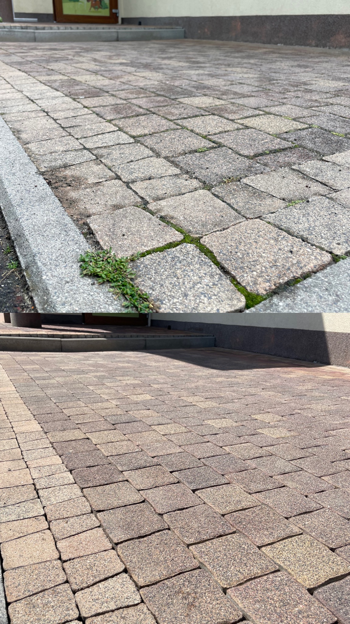 Dwa fragmenty nawierzchni z kostki brukowej: górny, szary, z mchem i chwastami w spoinach i przy krawężniku, oraz dolny, czysty, brązowo-szary, w cieniu