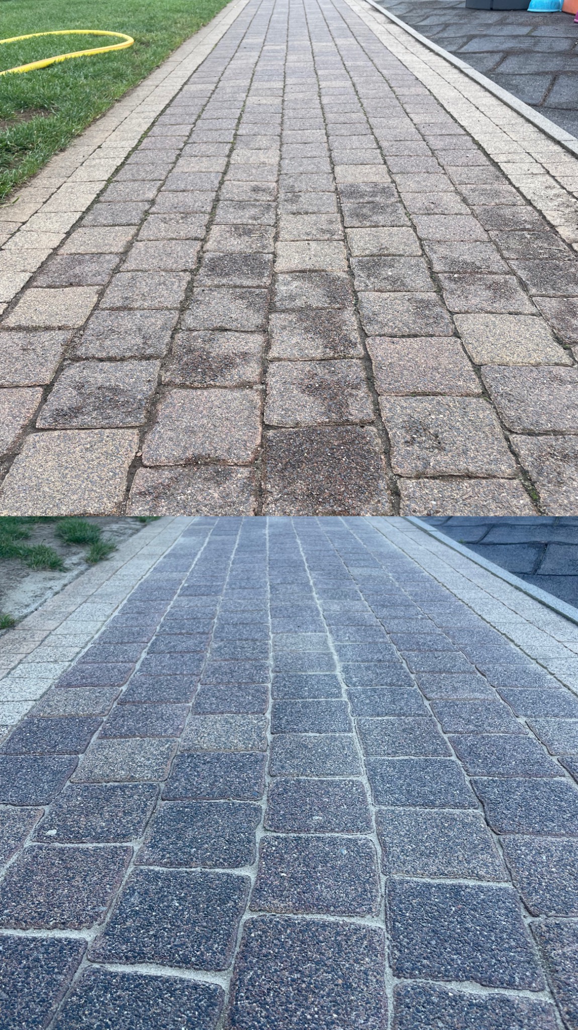 Porównanie stanu kostki brukowej przed i po czyszczeniu w Wojkowicach. Górna część zdjęcia przedstawia zabrudzoną kostkę, dolna - wyczyszczoną.
