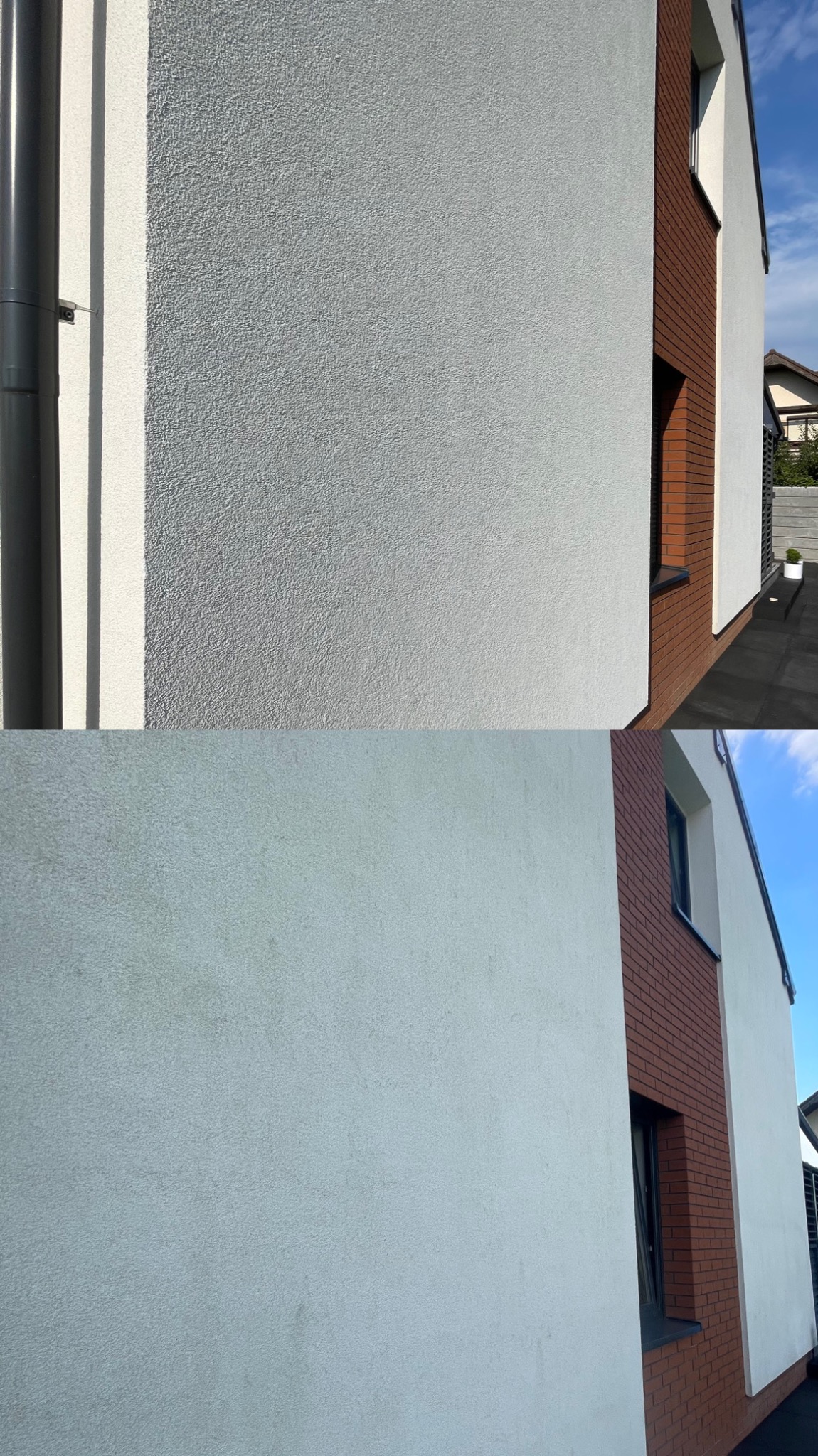 Porównanie stanu elewacji przed i po czyszczeniu w Wojkowicach; górna część ściany jest wyraźnie czystsza niż dolna, ukazując różnicę w odcieniu bieli.