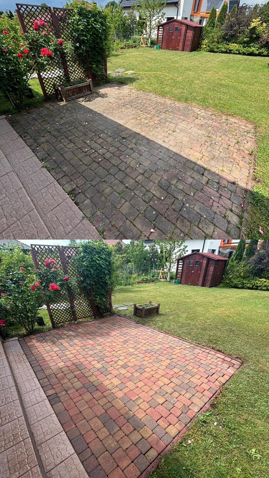 Porównanie stanu kostki brukowej przed i po czyszczeniu, widok na taras z kostki brukowej, po lewej stronie schody, w tle ogród z domkiem narzędziowym i trejaż z różami.