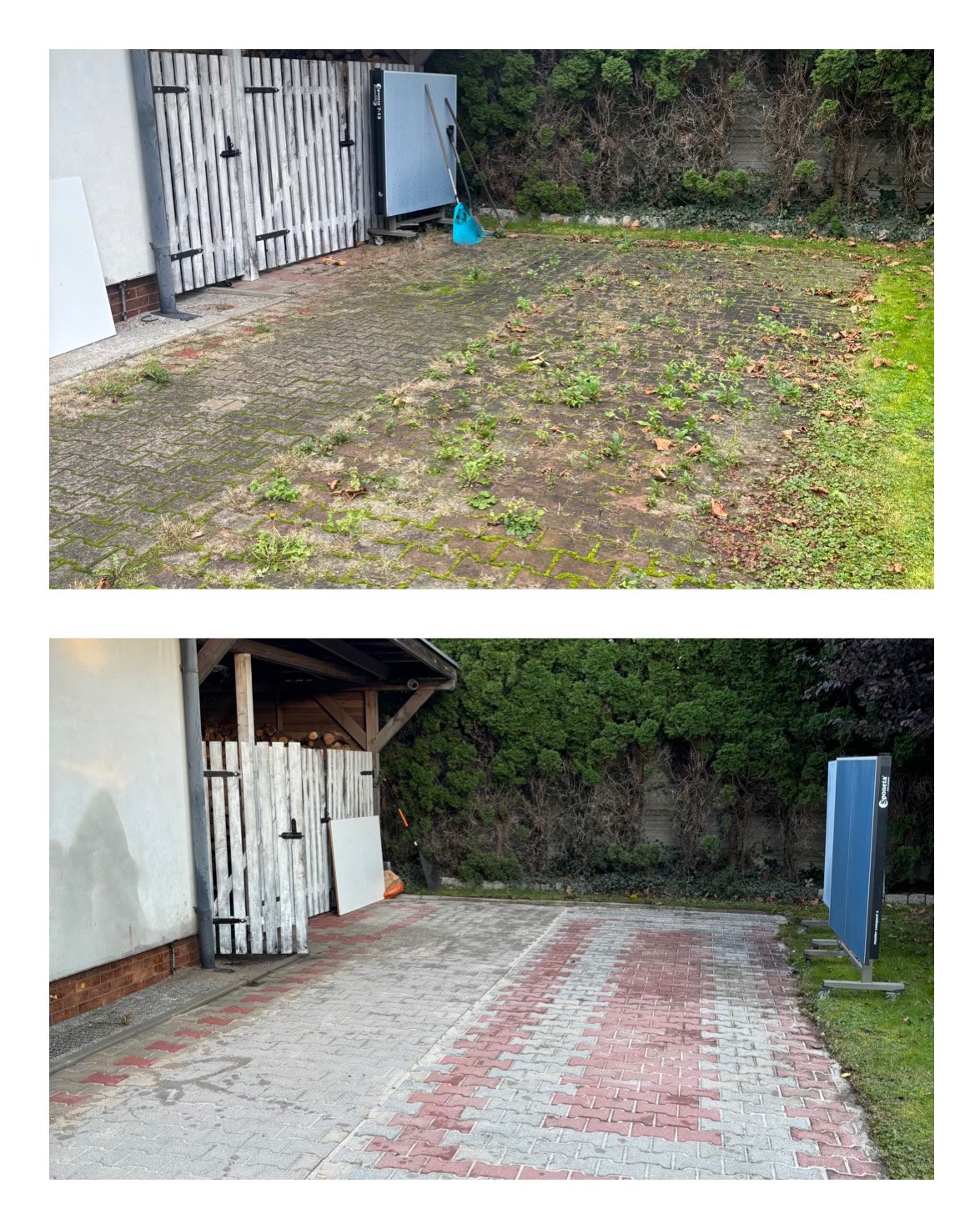 Porównanie stanu kostki brukowej przed i po czyszczeniu: górna część zdjęcia ukazuje powierzchnię porośniętą mchem i chwastami, dolna część prezentuje czystą kostkę z widocznymi czerwonymi akcentami.