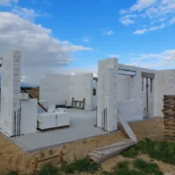 Wznoszenie ścian parterowego domu z betonu komórkowego Ytong, widoczne zbrojenia pionowe, paleta z bloczkami oraz drewniana drabina wewnątrz budynku, fundament wylany.