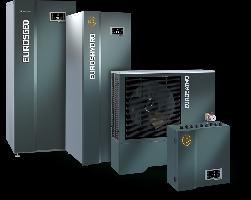 Zestawienie modeli pomp ciepła: Eurogeo, Euroshydro i Eurosatmo, w odcieniach szarości, z widocznymi panelami sterowania i wentylatorem, na czarnym tle.