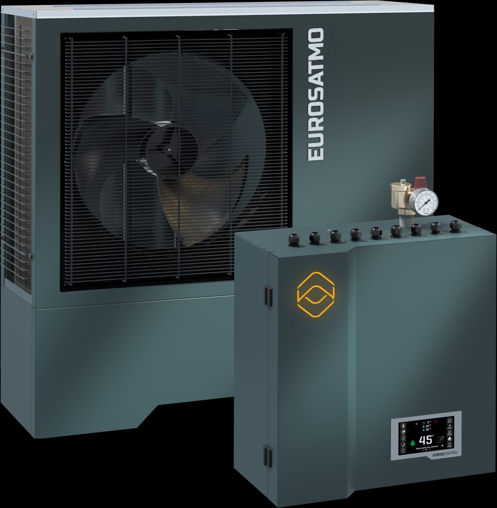 Szaro-zielona jednostka zewnętrzna z wentylatorem i panelem sterowania z manometrem i wyświetlaczem, oznaczona logo Eurosatmo.