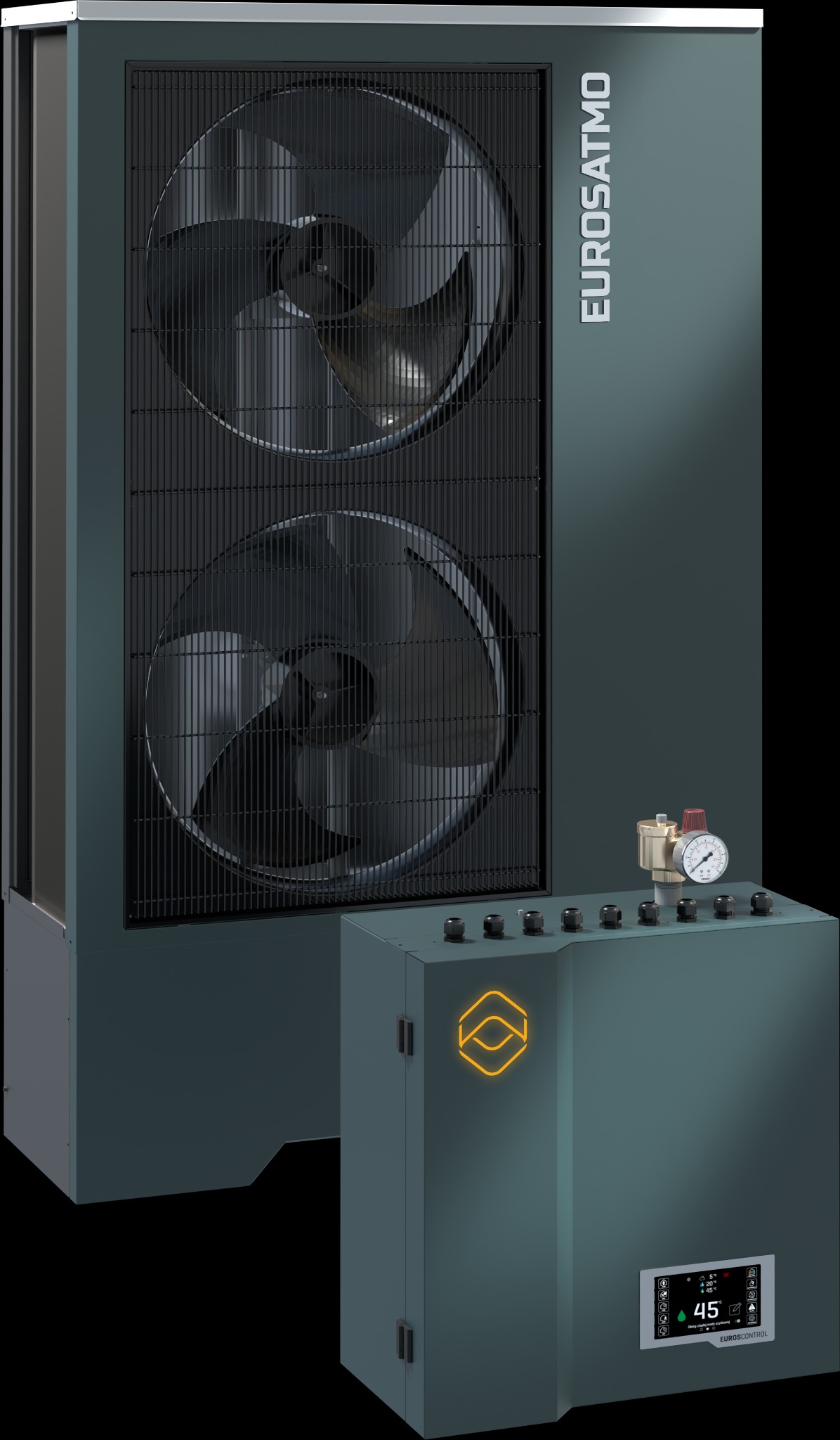 Nowoczesna jednostka zewnętrzna z dwoma wentylatorami, szara obudowa z logo EUROSATMO, panel sterowania z wyświetlaczem i manometrem.