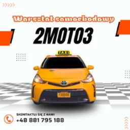 Grafika reklamowa warsztatu samochodowego: Ż&oacute;łta taks&oacute;wka na szachownicy, logo 2MOTO3 i dane kontaktowe.