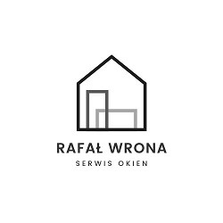Minimalistyczne logo firmy 'Rafał Wrona Serwis Okien' przedstawiające zarys domu z dwoma prostokątnymi oknami wewnątrz.