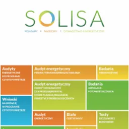 Grafika Solisa Energia prezentuje usługi: audyty, wnioski o dotacje, świadectwa energetyczne, badania termowizyjne i instalacji fotowoltaicznych, inspekcje dronem.