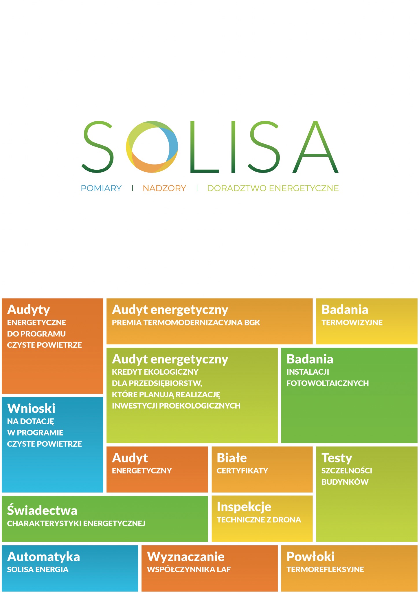 Grafika Solisa Energia prezentuje usługi: audyty, wnioski o dotacje, świadectwa energetyczne, badania termowizyjne i instalacji fotowoltaicznych, inspekcje dronem.