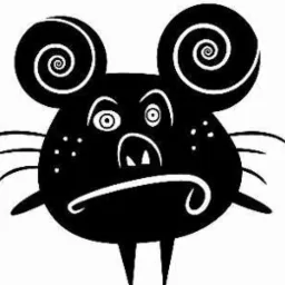 Czarny, kreskówkowy wizerunek myszy z zakręconymi uszami i wyrazem niezadowolenia.