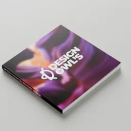 Kwadratowy brand guide Design Owl's z abstrakcyjnym tłem w odcieniach fioletu i pomarańczy, leżący ukośnie na jasnoszarym tle.