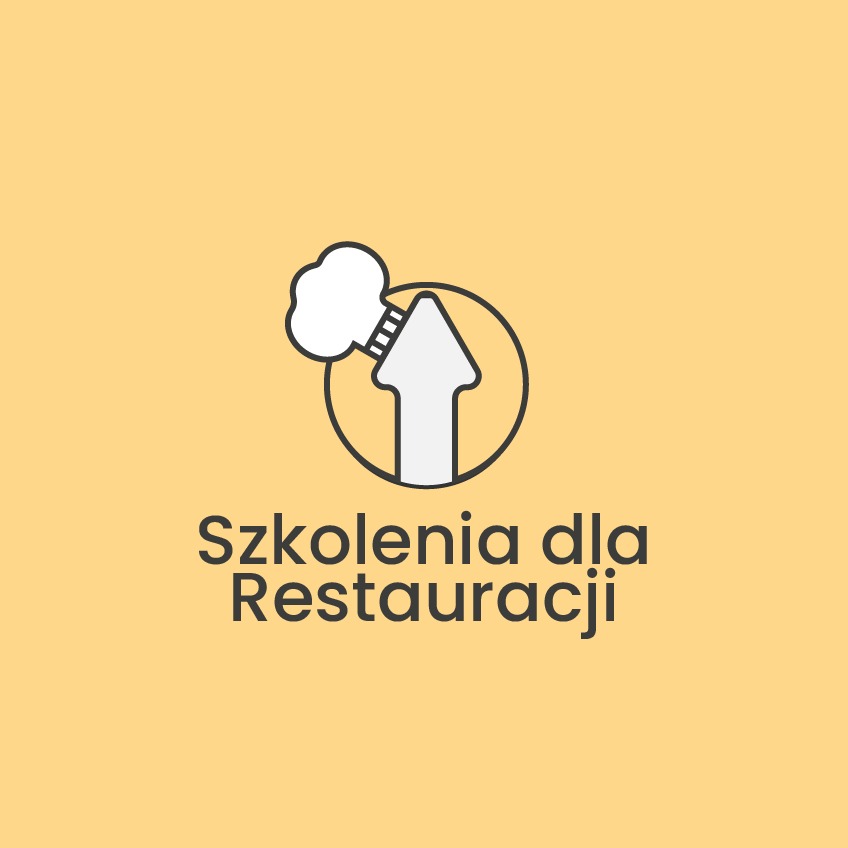 Minimalistyczne logo: strzałka w okręgu z chmurką szefa kuchni, napis 'Szkolenia dla Restauracji' na żółtym tle.