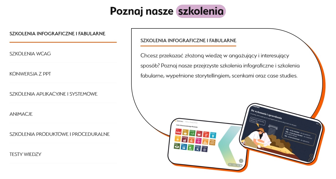 Slajd prezentacji z ofertą szkoleń infograficznych i fabularnych, zawierający tekst o korzyściach i zrzuty ekranu z przykładami interaktywnych materiałów szkoleniowych na tabletach.