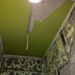 Elektro-Kwiatek - Niedokończone wnętrze: surowy tynk na ścianach, fragment pomalowanego na zielono sufitu z wiszącym przewodem elektrycznym i żarówką.