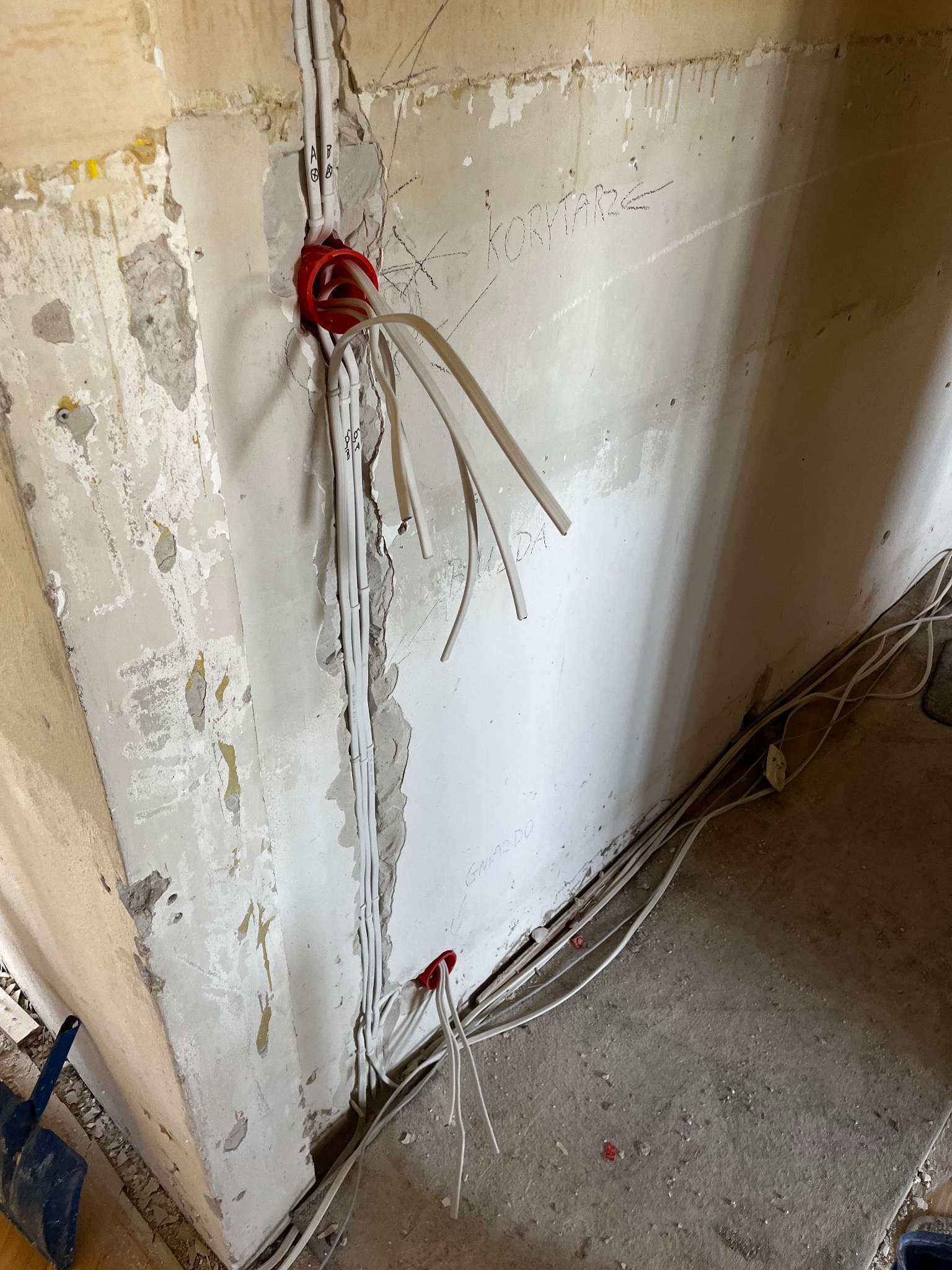 Instalacja elektryczna w surowym stanie: przewody wychodzące z czerwonej puszki w ścianie z napisem 'Korytarz', widoczne bruzdy pod kable.