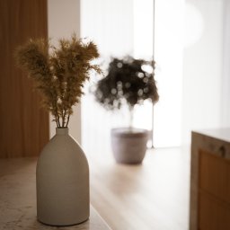 Kamil Macieja - Minimalistyczne wnętrze: wazon z suszonymi trawami na marmurowym blacie, w tle rozmyta roślina doniczkowa i jasne okno.