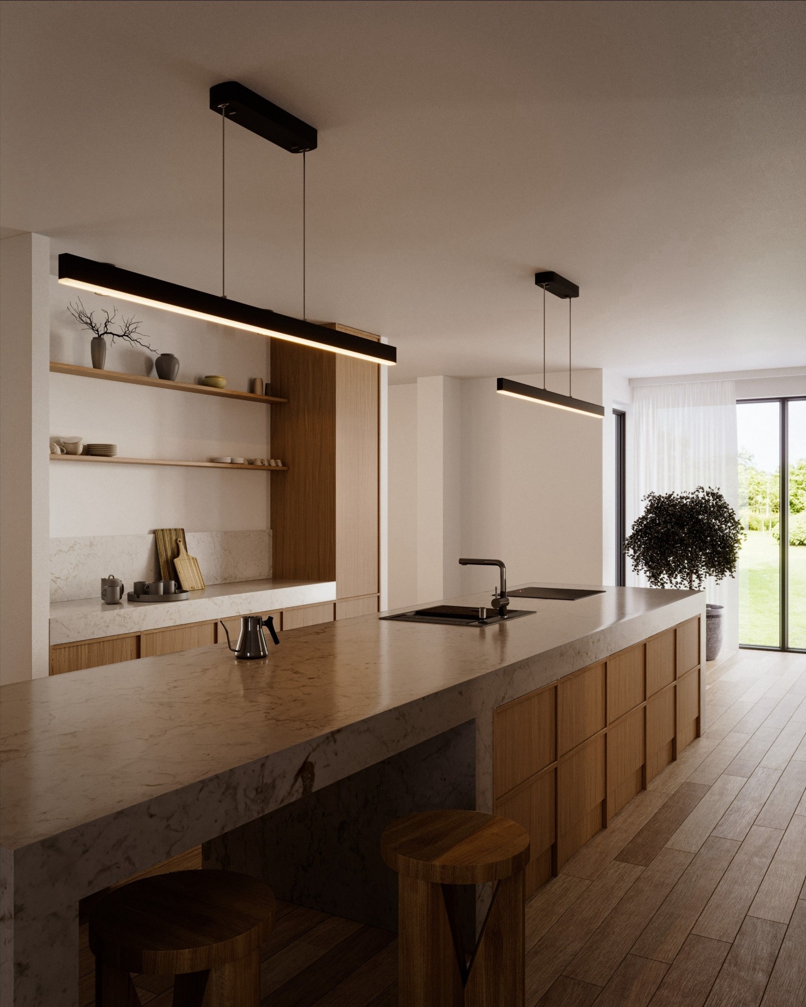 Wizualizacja nowoczesnej kuchni z marmurowym blatem, drewnianymi szafkami, minimalistycznymi lampami wiszącymi i drewnianymi stołkami barowymi.