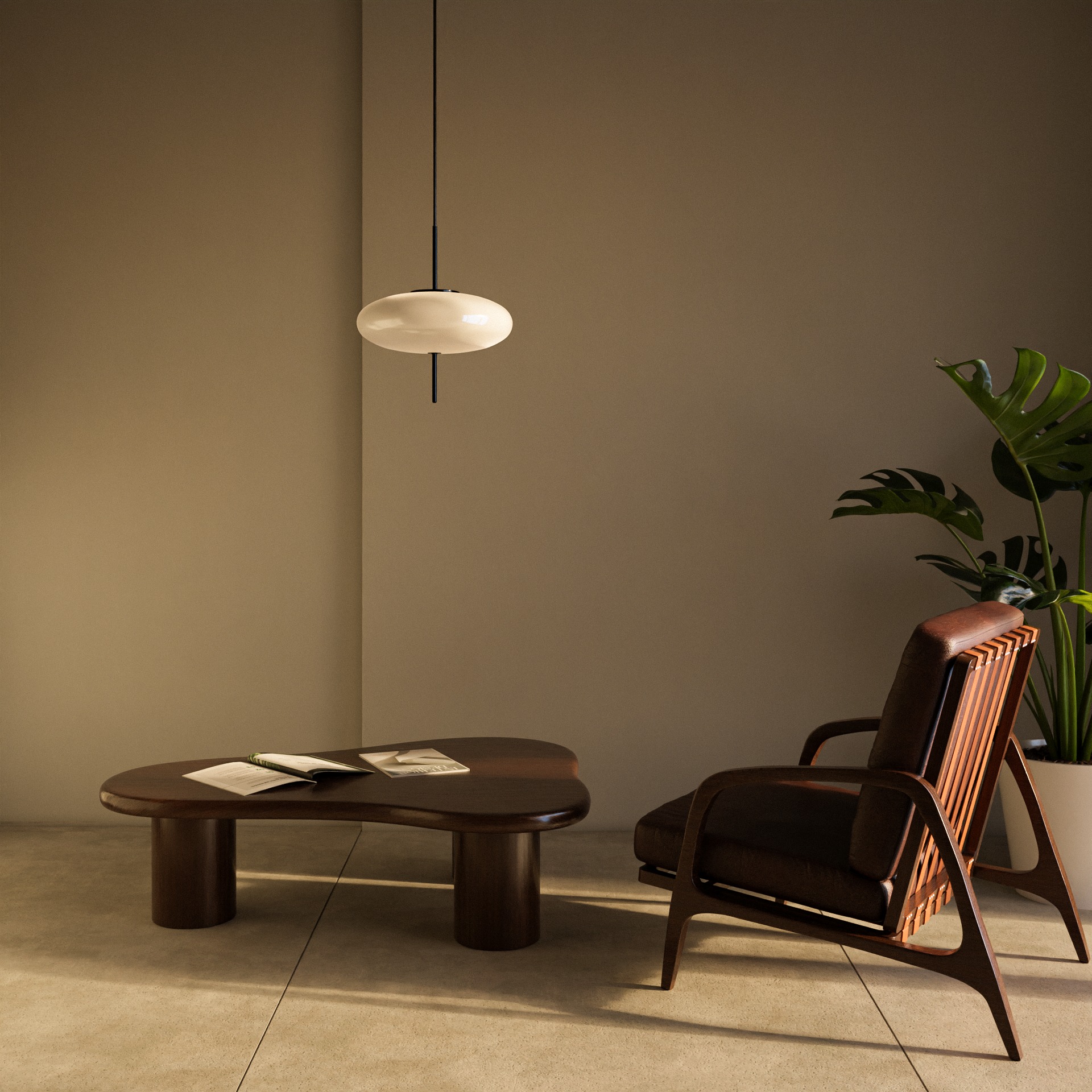 Minimalistyczny salon z drewnianym fotelem, stolikiem kawowym z rozłożonymi książkami i lampą wiszącą w ciepłych, stonowanych barwach.