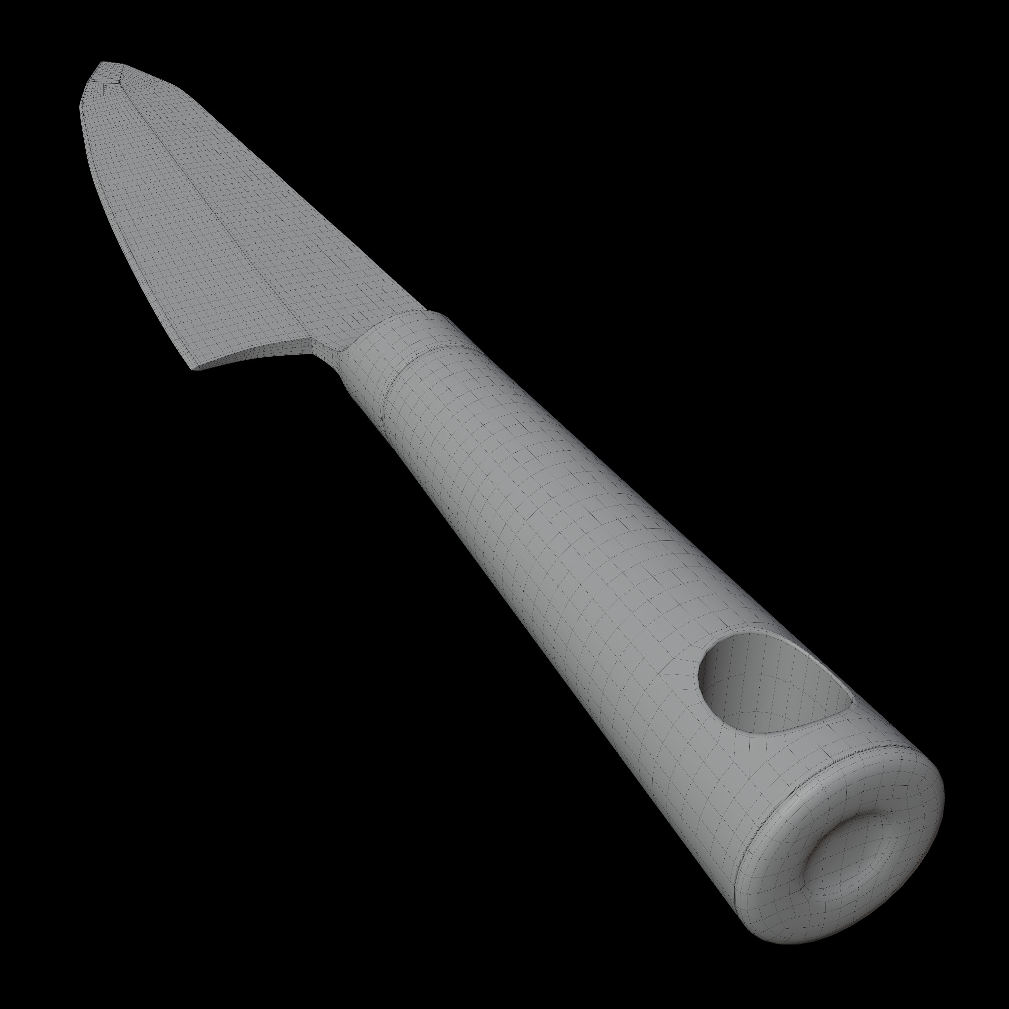 Siatka modelu 3D noża z okrągłym otworem w rękojeści, na czarnym tle.