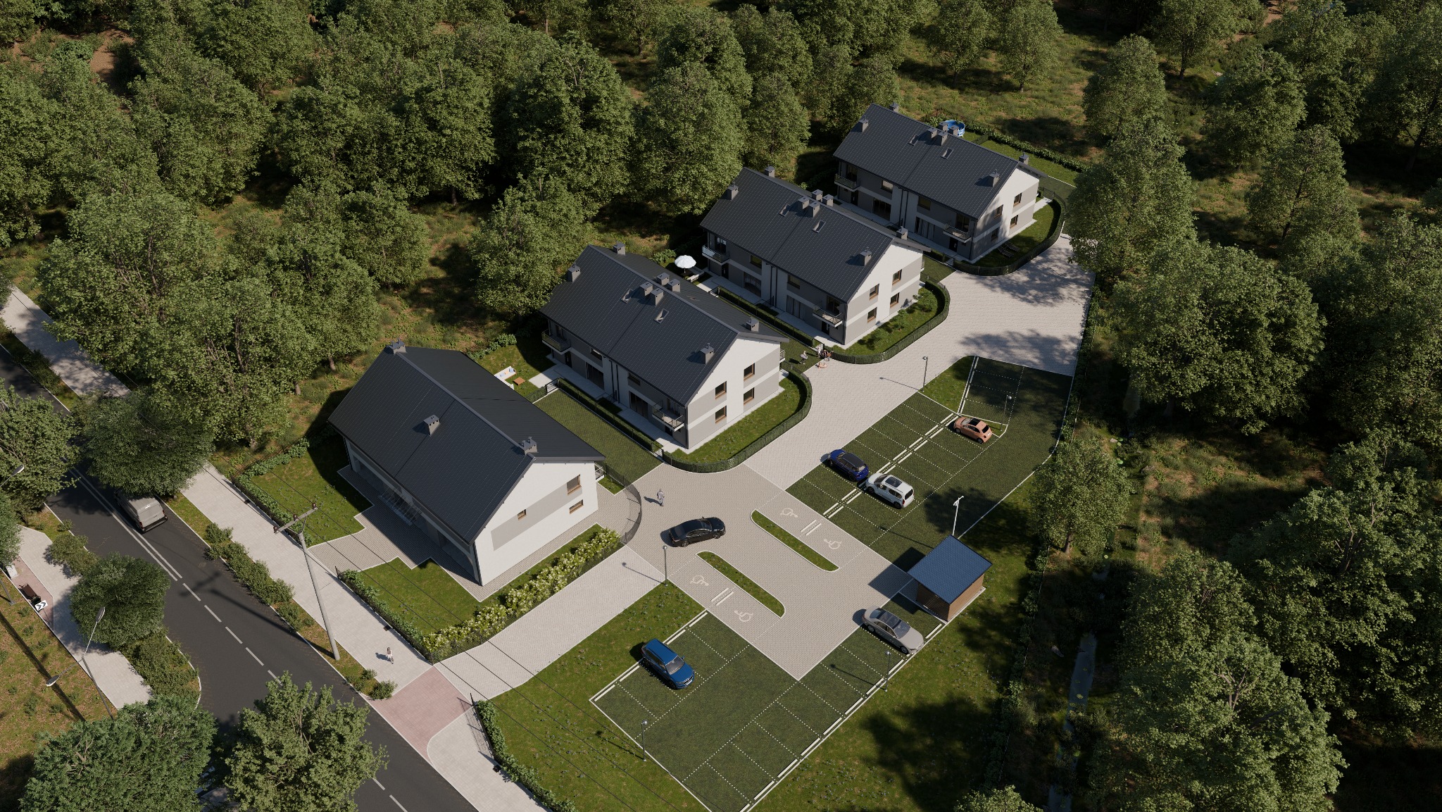 Wizualizacja z lotu ptaka przedstawiająca osiedle czterech nowoczesnych domów szeregowych z ciemnymi dachami i jasnymi elewacjami, otoczonych zielenią drzew i trawników, z parkingiem dla mieszkańców.