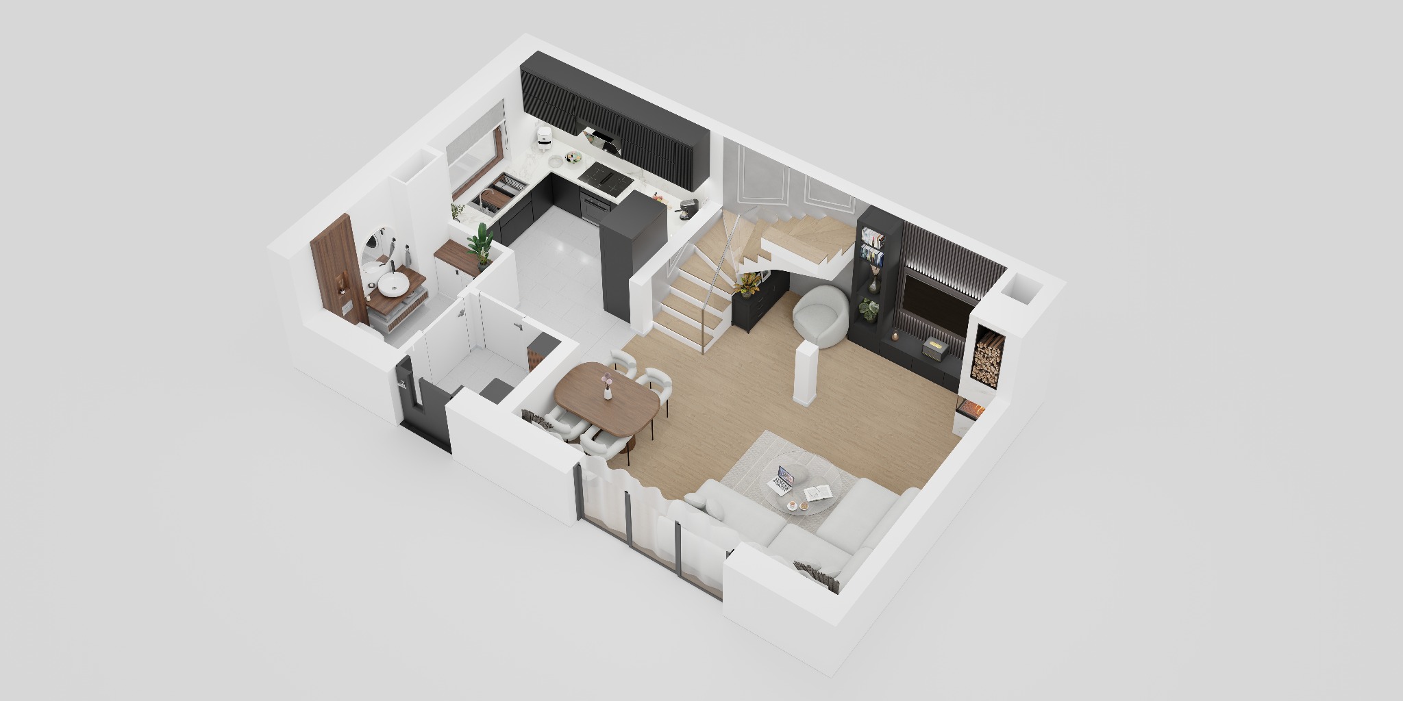 Wizualizacja 3D przekroju mieszkania z otwartą kuchnią, salonem, łazienką i schodami na piętro, w nowoczesnym stylu z elementami drewna.
