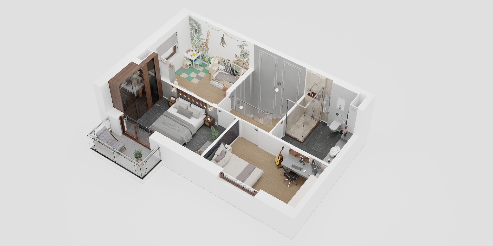 Wizualizacja 3D rzutu mieszkania z widocznym balkonem, sypialnią, pokojem dziecięcym z motywem dżungli, biurkiem z komputerem i łazienką z kabiną prysznicową.