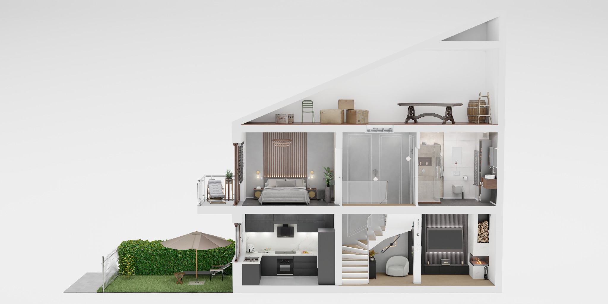 Przekrój 3D domu z ogrodem ukazujący aranżację wnętrz: sypialnia z balkonem, łazienka z kabiną prysznicową, kuchnia, salon z kominkiem i schody.
