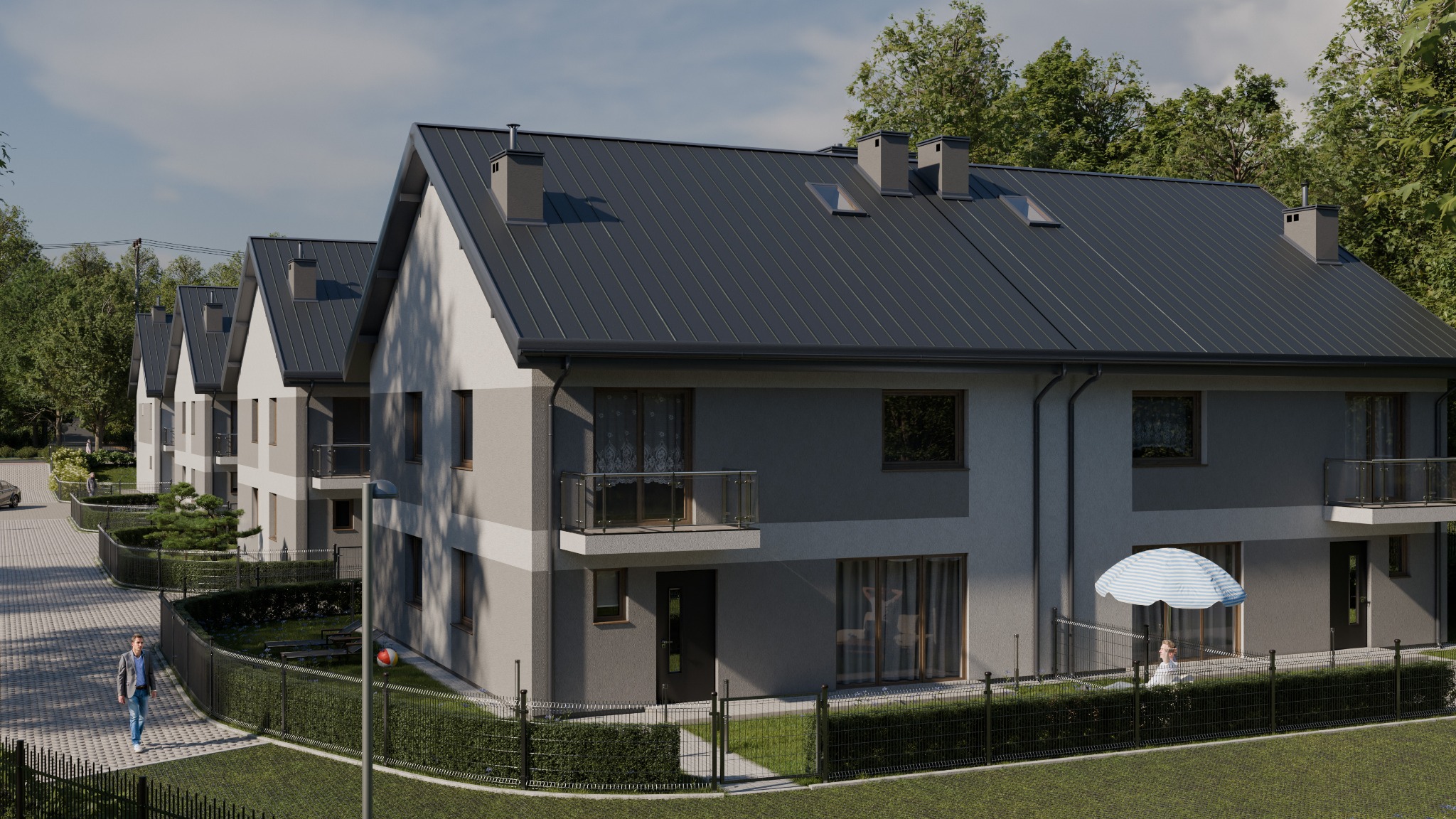 Wizualizacja szeregu nowoczesnych domów dwukondygnacyjnych z ciemnymi dachami, ogrodzonych niskim, czarnym płotem, otoczonych zielenią i z osobą spacerującą po chodniku.