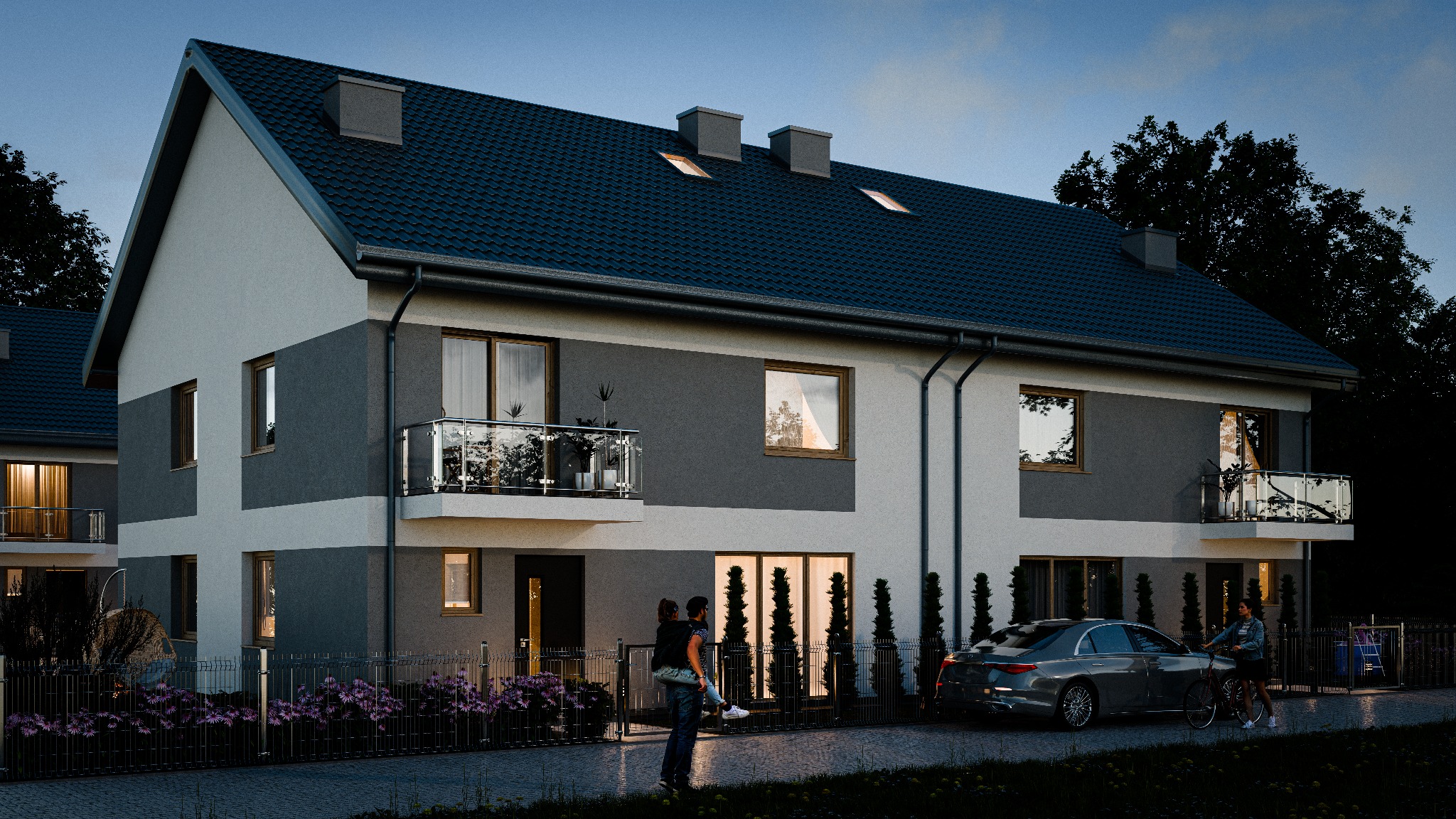 Wizualizacja szeregu nowych domów dwukondygnacyjnych z balkonami, szara elewacja z białymi pasami, ciemna dachówka, podświetlone okna, samochód i rower przed ogrodzeniem, para spacerująca po chodniku.