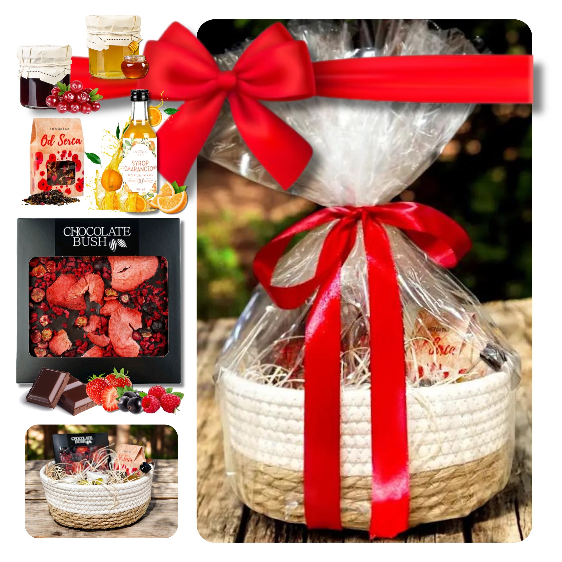 Dekoracyjny kosz prezentowy z czerwoną wstążką, zawierający miód, dżem, syrop pomarańczowy, herbatę i czekoladę 'Chocolate Bush' z owocami.