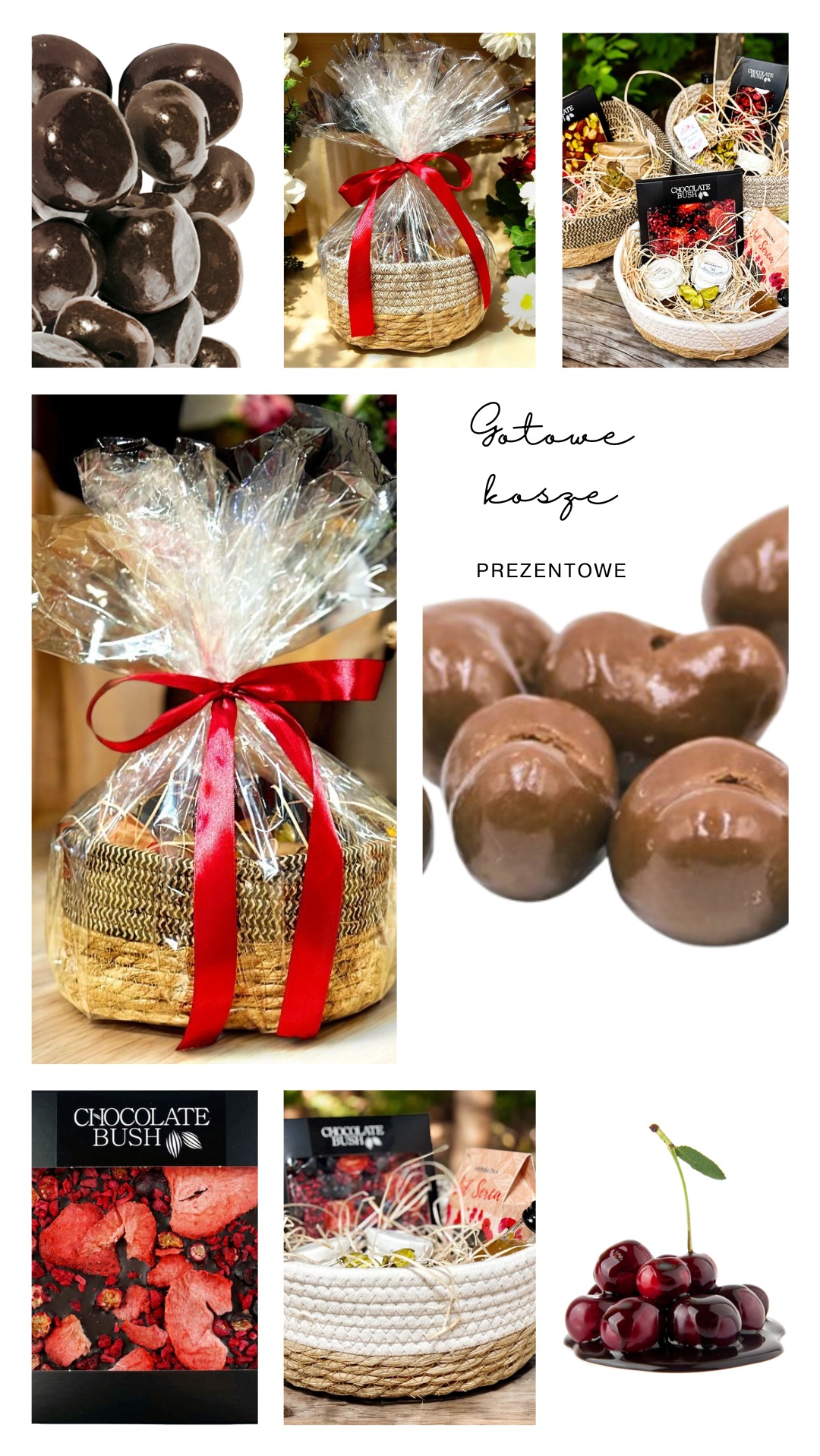 Zestawienie zdjęć koszy prezentowych z różnymi produktami: czekoladowe kulki, kosz owinięty folią z czerwoną wstążką, kosz z produktami Chocolate Bush i wiśnie w czekoladzie.