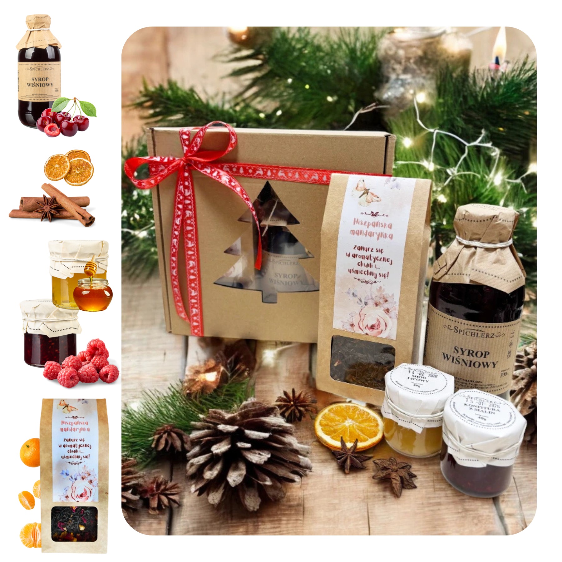 Świąteczny zestaw prezentowy z syropem wiśniowym, miodem, konfiturą malinową, herbatą mandarynkową i dekoracjami z szyszek i anyżu gwiazdkowego, oświetlony miękkim światłem.