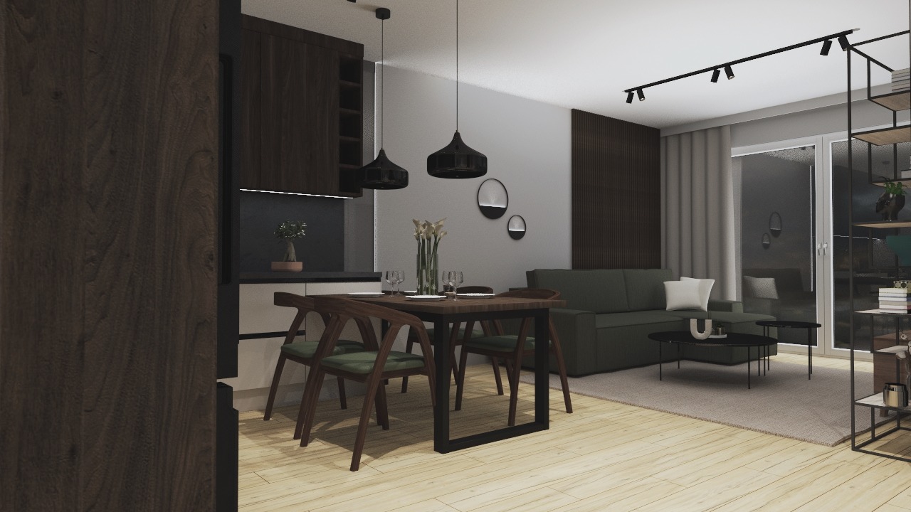 Wnętrze mieszkania z otwartą kuchnią, jadalnią i salonem w neutralnej kolorystyce, drewniany stół z krzesłami, wiszące lampy nad stołem, szara sofa z poduszkami w salonie, regał z dekoracjami przy...