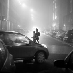 Szewczykfotos - Czarno-białe zdjęcie przedstawia matkę z dzieckiem przechodzących przez ulicę w gęstej mgle, z rzędami zaparkowanych samochodów po obu stronach i światłami ulicznymi rozproszonymi przez mgłę.