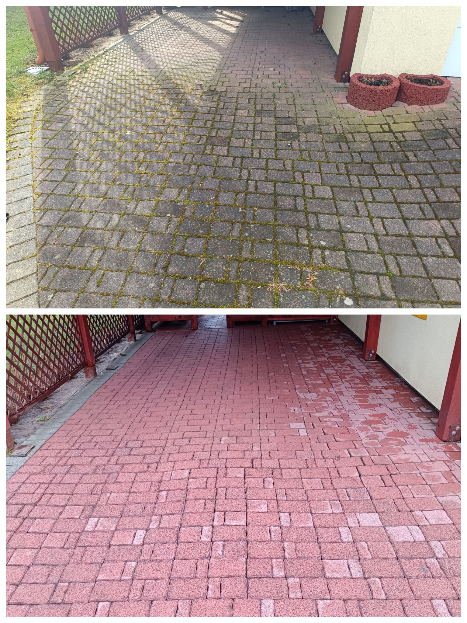 Porównanie stanu kostki brukowej przed i po umyciu: górna część zdjęcia pokazuje kostkę pokrytą mchem i zabrudzeniami, dolna część prezentuje czystą, czerwoną kostkę po myciu.