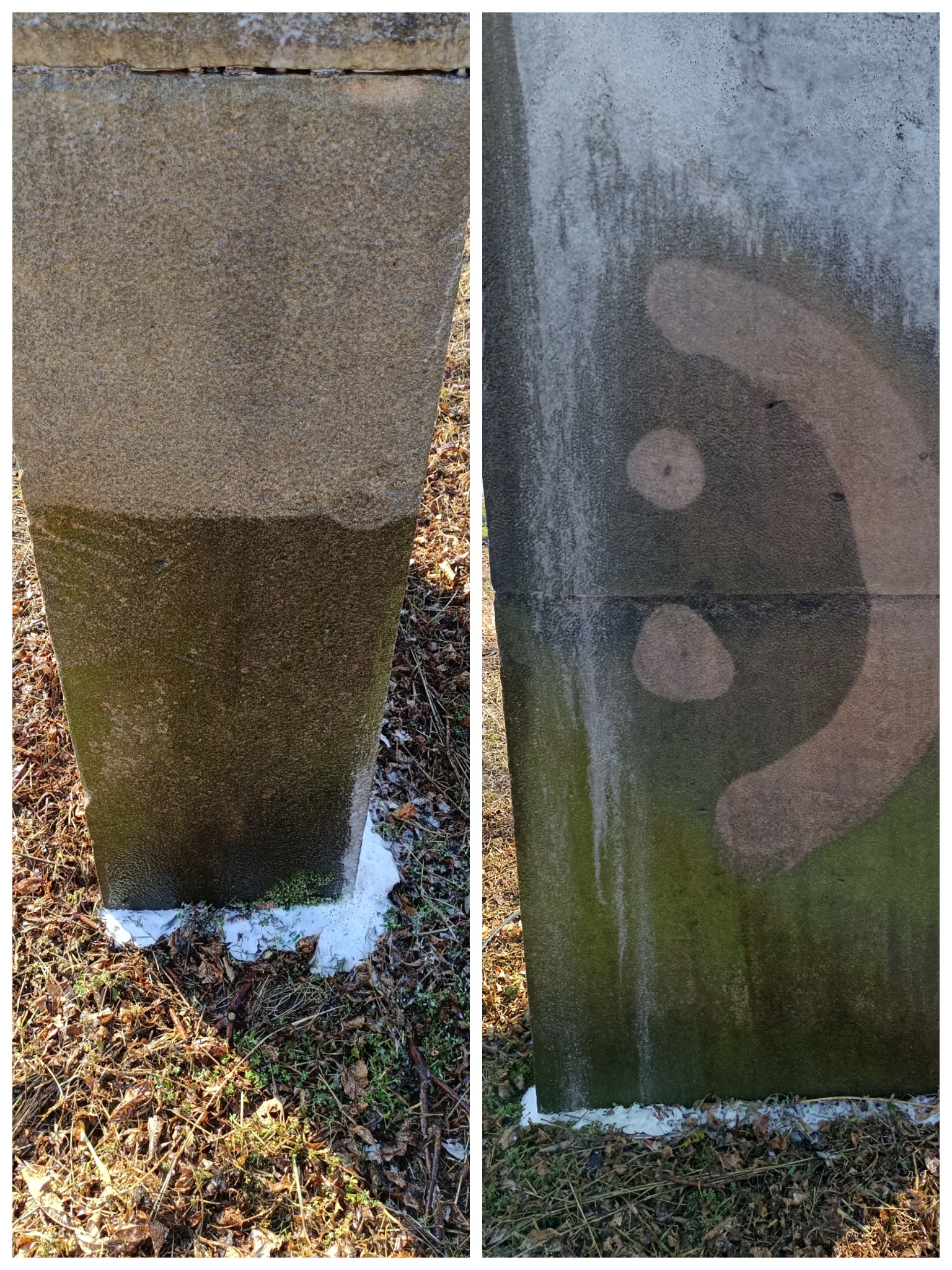 Dwa ujęcia betonowego słupka: jedno z widocznym zaciekami i mchem, drugie po częściowym oczyszczeniu z widocznym zarysem uśmiechniętej twarzy.