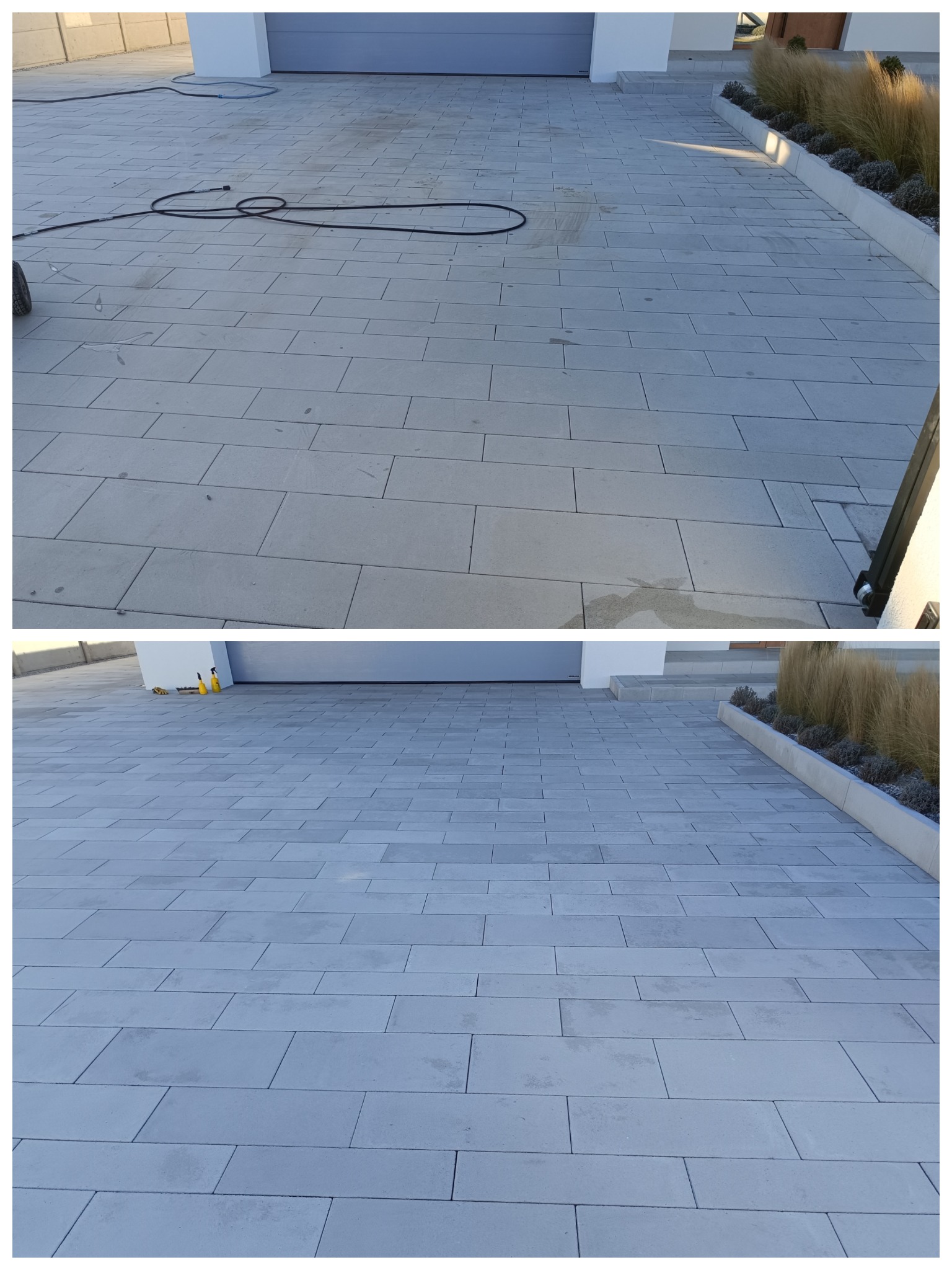 Porównanie stanu kostki brukowej przed i po czyszczeniu, widoczne różnice w zabrudzeniach i odcieniu szarości, w tle fragment domu z garażem i rabatą.