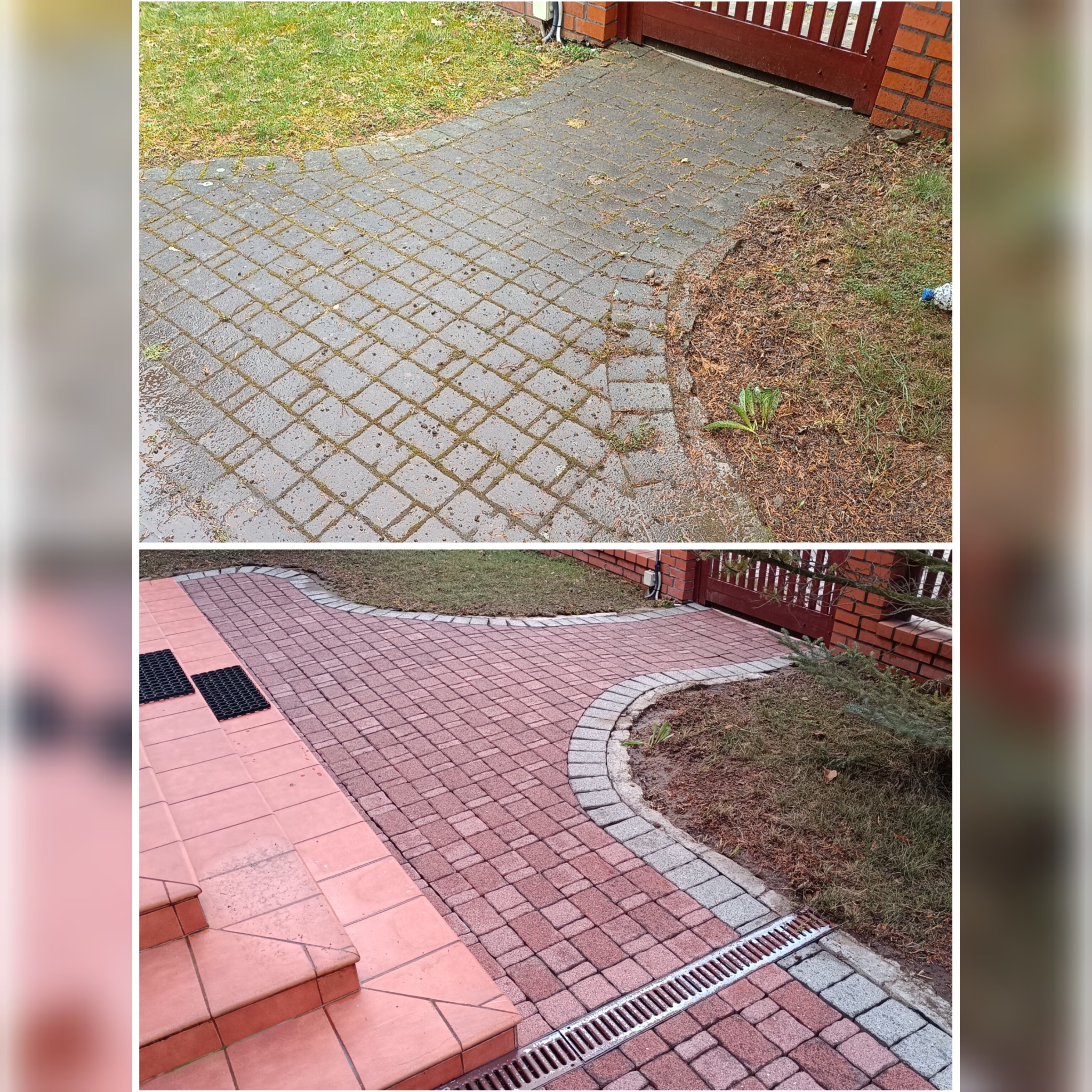Porównanie stanu kostki brukowej przed i po czyszczeniu: od szarej, zarośniętej mchem do czerwonej, odświeżonej, z widocznym odpływem liniowym.