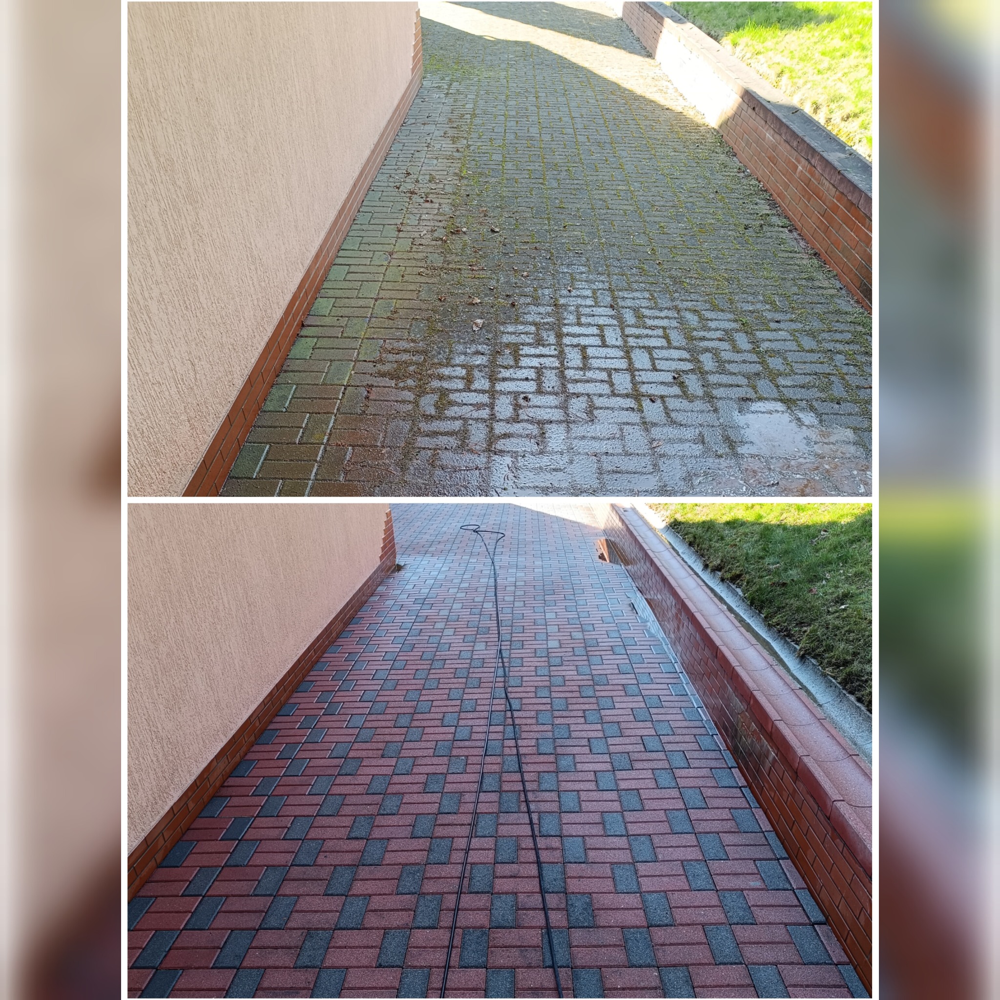 Porównanie stanu kostki brukowej przed i po czyszczeniu: górny kadr ukazuje zabrudzoną, porośniętą mchem nawierzchnię, dolny prezentuje odnowioną, czystą i suchą kostkę w kolorach czerwieni...