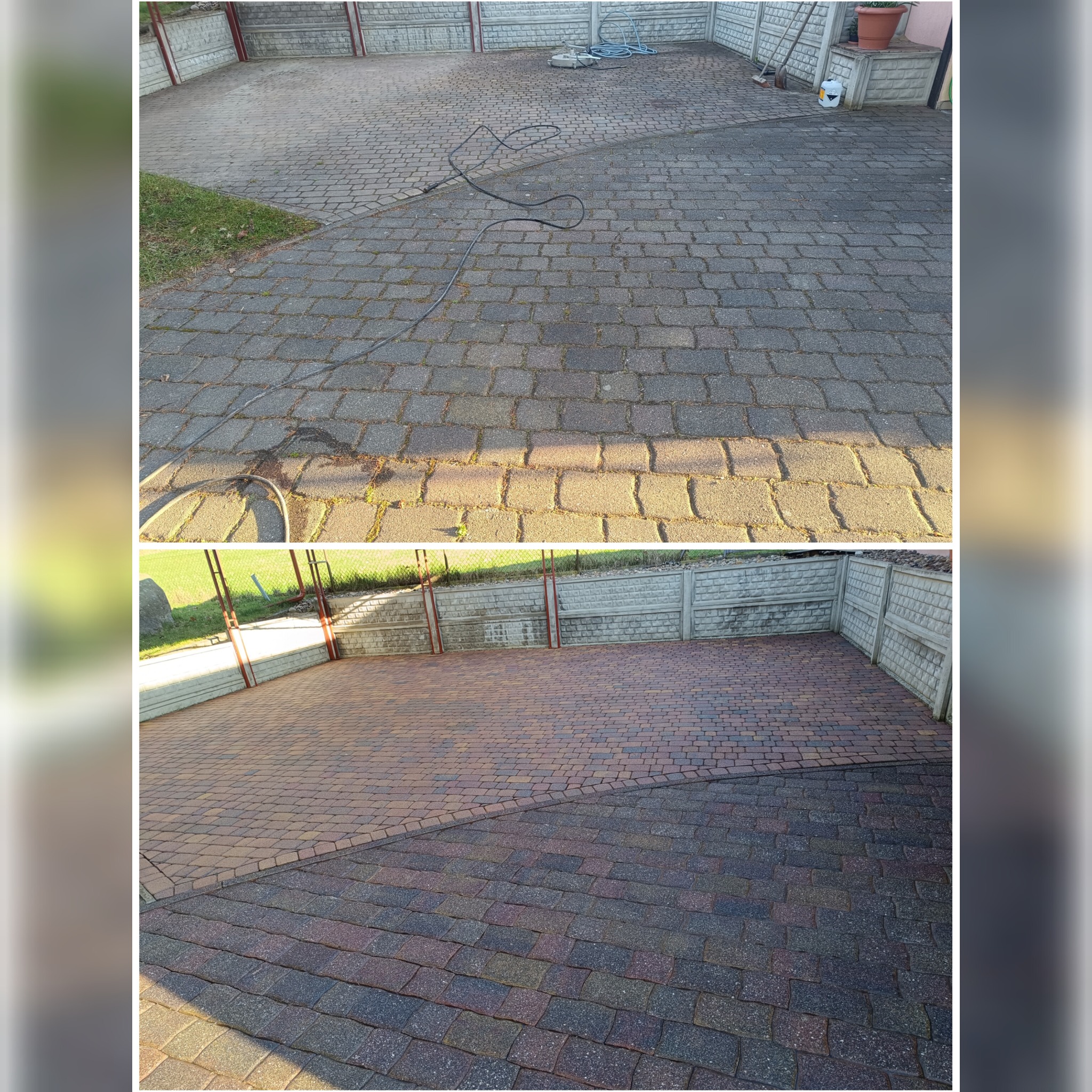 Porównanie mycia kostki brukowej: górna część zdjęcia przedstawia zabrudzoną kostkę, dolna - wyczyszczoną, z widoczną różnicą w kolorze i usuniętymi zabrudzeniami.