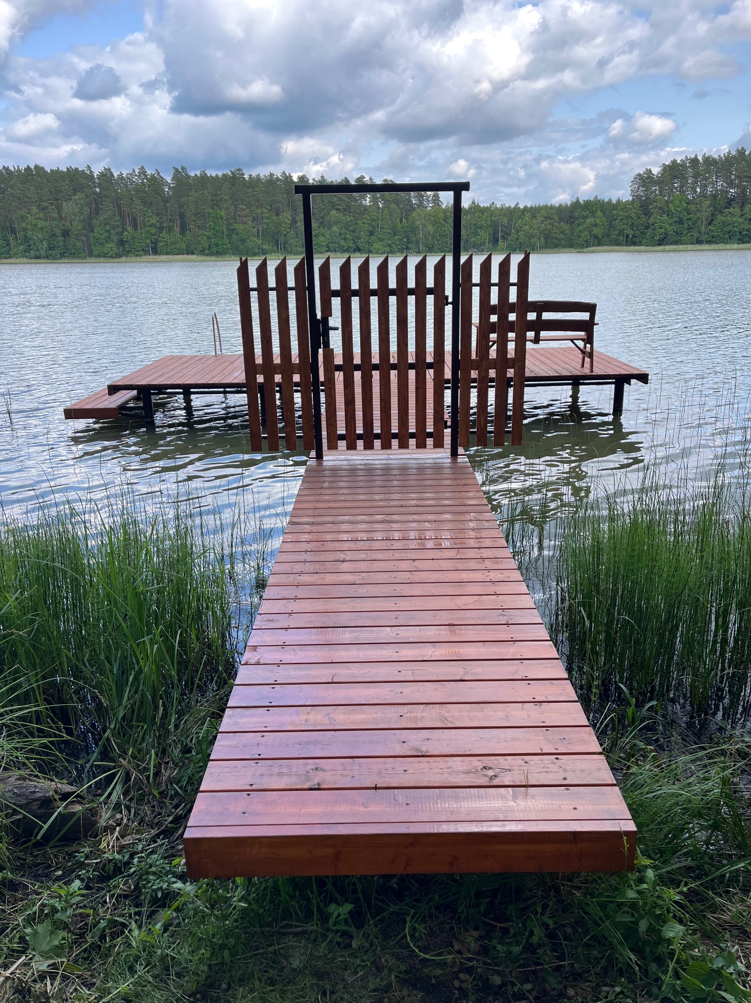 Świeżo wybudowany, drewniany pomost z barierką, prowadzący do platformy na jeziorze, otoczony zielenią i lasem w tle, pod pochmurnym niebem.