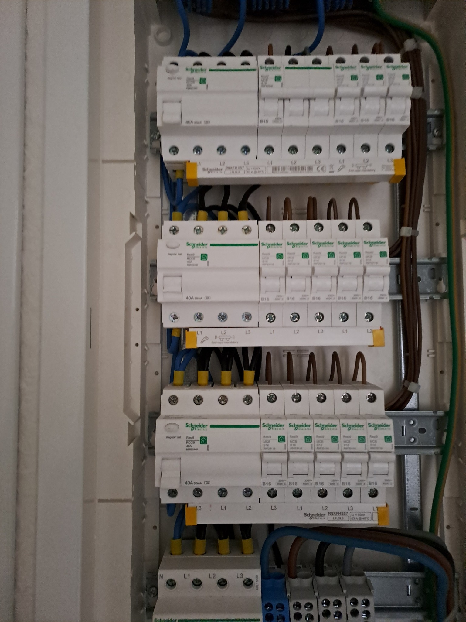 Rozdzielnica elektryczna z zainstalowanymi bezpiecznikami i przewodami, widoczne oznaczenia L1, L2, L3, N oraz logo Schneider Electric na elementach.