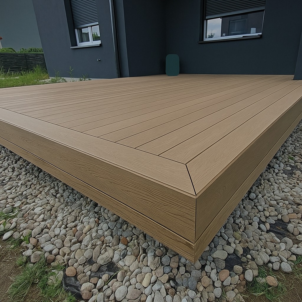 Nowoczesny taras z kompozytowych desek w odcieniach beżu, otoczony drobnymi kamieniami. Widok z niskiej perspektywy, ukazujący detale wykończenia i teksturę materiałów.