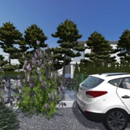 Wizualizacja ogrodu z kwitnącą glicynią przy ogrodzeniu i białym samochodem na żwirowym podjeździe, w tle nowoczesny dom otoczony iglakami.