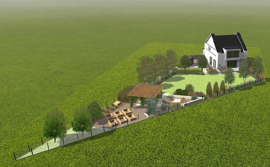 Wizualizacja 3D zagospodarowania terenu wokół nowoczesnego domu z pergolą, rabatami warzywnymi i miejscem na ognisko, widok z lotu ptaka.