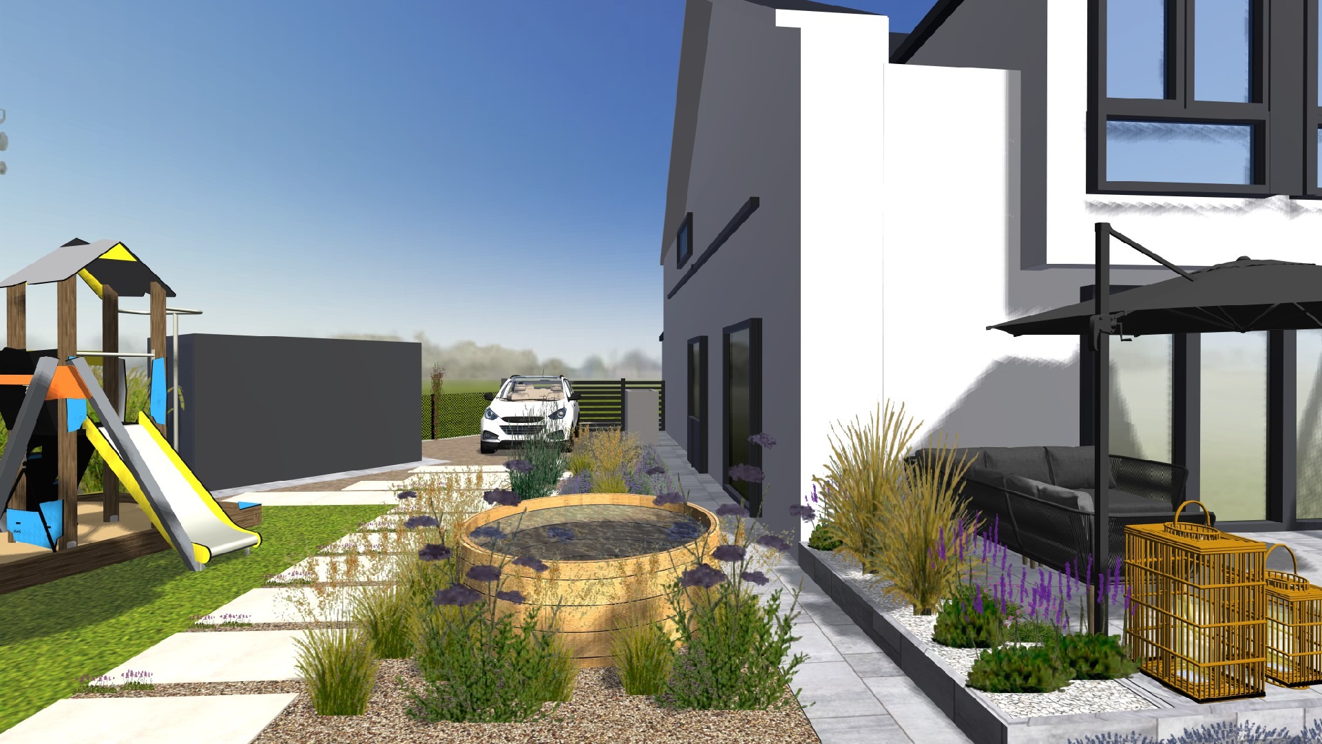 Wizualizacja ogrodu przydomowego z drewnianą balią, placem zabaw dla dzieci, roślinnością ozdobną i nowoczesnym domem w tle.