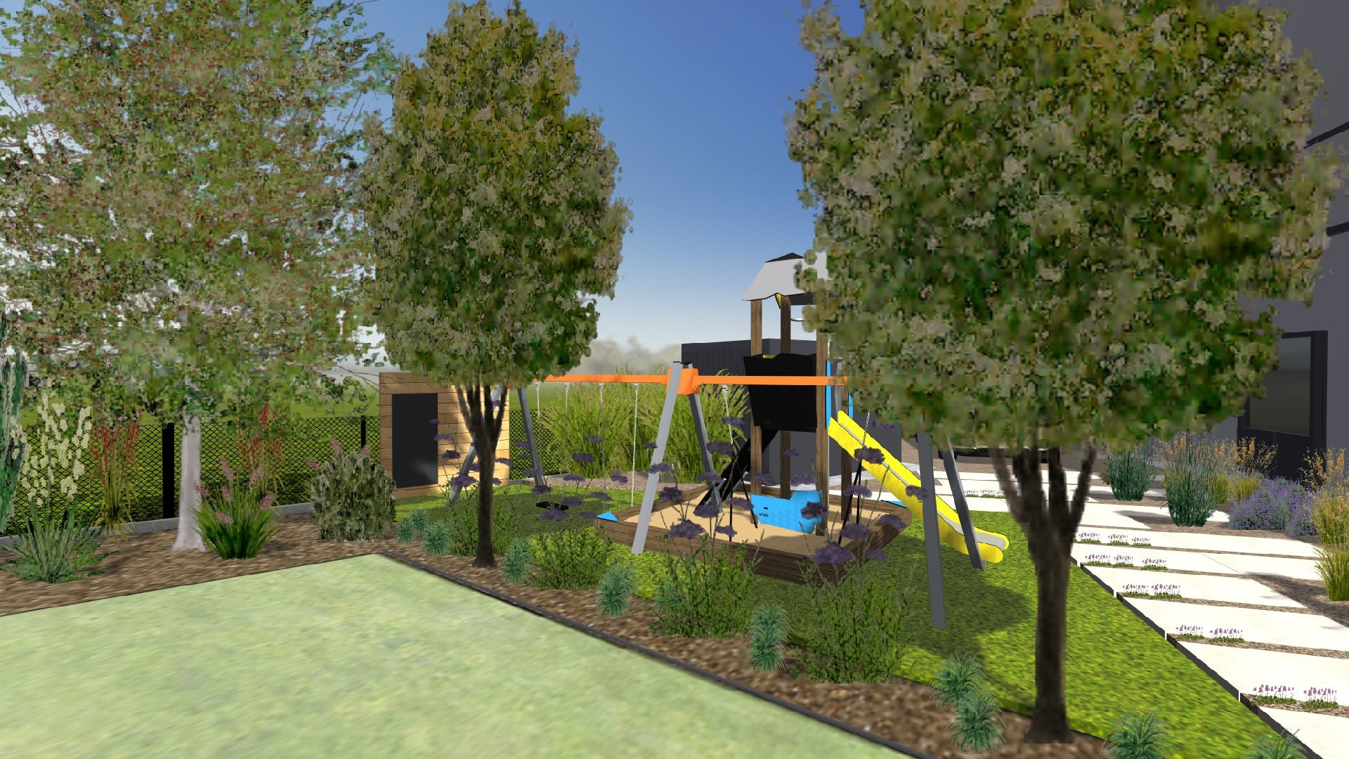 Wizualizacja ogrodu z placem zabaw, huśtawką, zjeżdżalnią, piaskownicą, domkiem narzędziowym i ścieżką z płyt.
