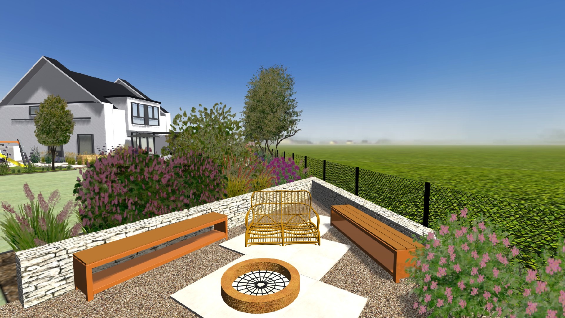 Wizualizacja tarasu z paleniskiem, rattanową sofą i drewnianymi ławkami na tle rozległego trawnika i nowoczesnego domu.
