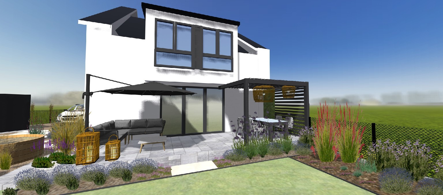 Wizualizacja ogrodu przy nowoczesnym domu z tarasem, pergolą, meblami ogrodowymi i dekoracyjnymi lampionami.